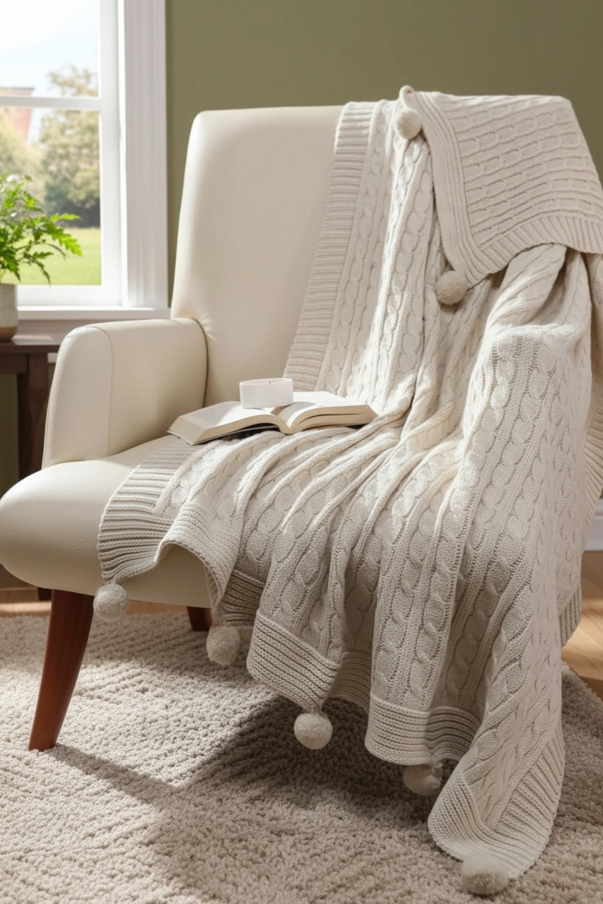 Ponponlu Triko Örme Tv Battaniyesi Örgü Koltuk & Omuz Şalı