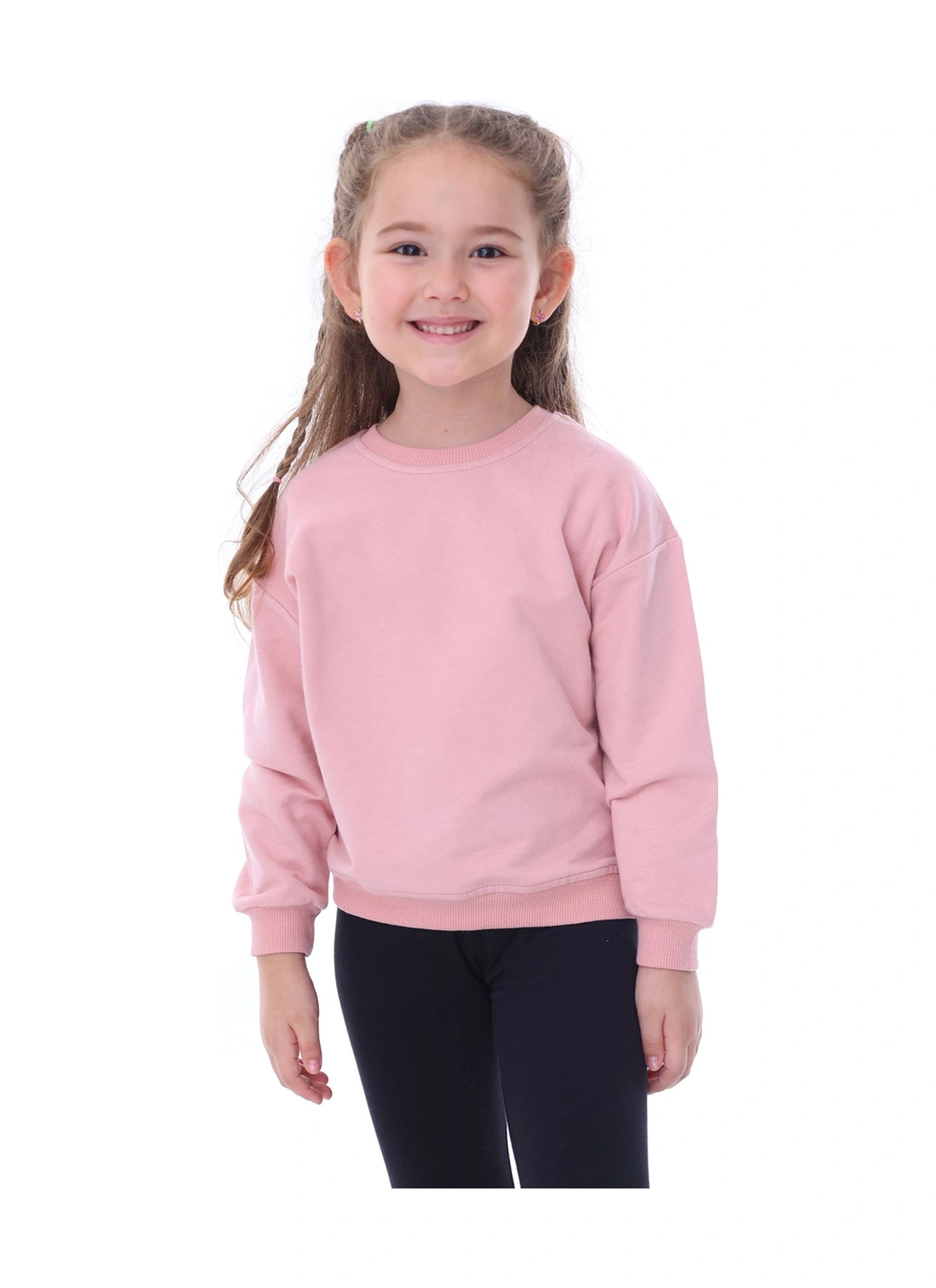 Basic Düz Renk Pudra Fırçalı Yumuşak %100 Pamuk Sweatshirt Pudra