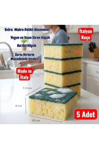 Technow Çift Taraflı Çizmez İtalyan Keçeli Kaliteli Buble Mercan Bulaşık Sünger 5 Adet