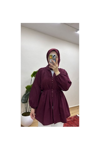 Moonsc Kadın Nervürlü Keten Tesettür Gömlek - Bordo