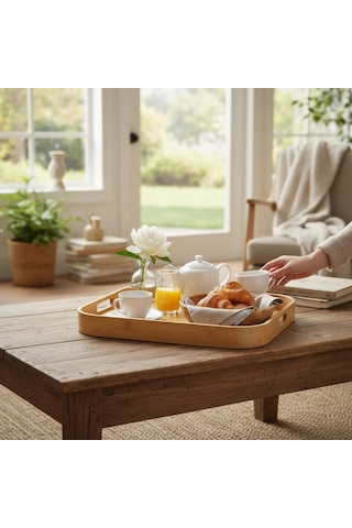 Mybru Dikdörtgen Bambu Tepsi 2'li Set Ahşap
