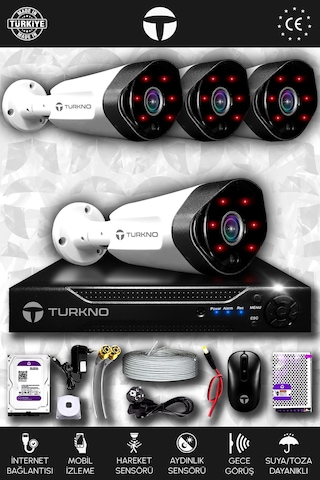 Turkno 4 Kameralı Galia 4 Dış Kamera Set 320 GB HDD Full HD Gece Görüşlü Güvenlik Kamerası Sistemi