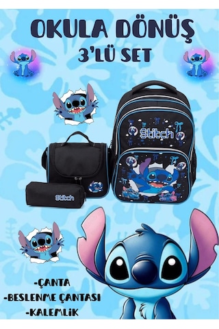 Stitch Desenli Üçlü Erkek Çocuk İlkokul Çantası + Termal Beslenme Çantası + Kalemlik Siyah