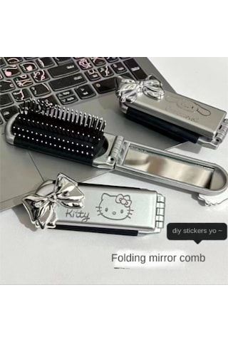 Vkemall Katılan Aynalı Portatif Katlanır Şirin Kedi Tasarımlı Çift Fonksiyonlu Saç Fırçası Diğer