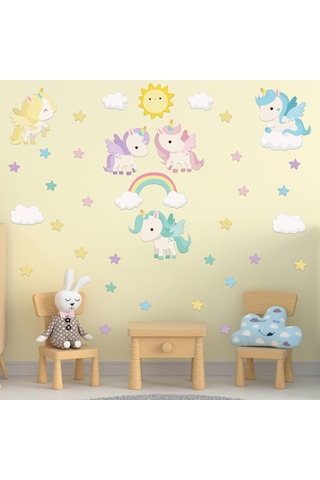 Rengarenk Unicornlar Ve Gökkuşağı Duvar Sticker Seti - Güneş, Yıldızlar Ve Bulutlar Çocuk Odası