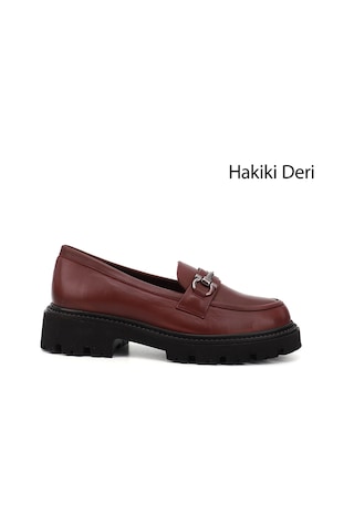 Gönderi(R) Gönderi R Bordo Kalın Topuklu Tokalı Hakiki Deri Loafer Ayakkabı Bordo