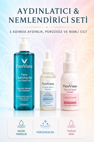Pureviana Aydınlatıcı & Nemlendirici Cilt Bakım Seti 3 Lü Temizleme, Serum, Nemlendirici