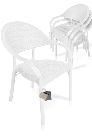 Bambu Rattan Görünümlü Sehpalı Set 2 Adet Koltuk + 45 Cm Sehpalı Sandalye Seti Beyaz