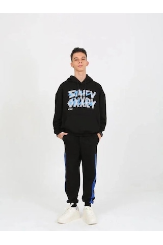 Erkek Çocuk Yazı Detaylı 2 İplik Kapüşonlu Sweatshirt-15229 Siyah