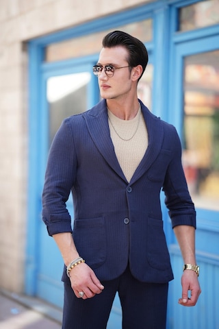 Modefendi %100 Pamuk Keten Modern Fit Örgü Kemer Detaylı Keten Takım Elbise Lacivert