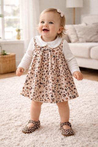 Uğur Bebe Yumuşacık Leopar Desenli Jile Elbise & Bebe Yaka Fitilli Body Kombin %95 Pamuk Bayramlık Kız Çocuk Leopar Leopar