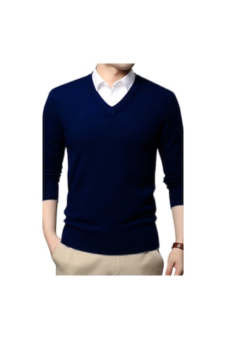 Tezzgelsin 3'lü Erkek V Yaka Uzun Kol Triko Tüylenmez Süveter Erkek Slim Fit Süveter Lacivert - Gri - Bordo