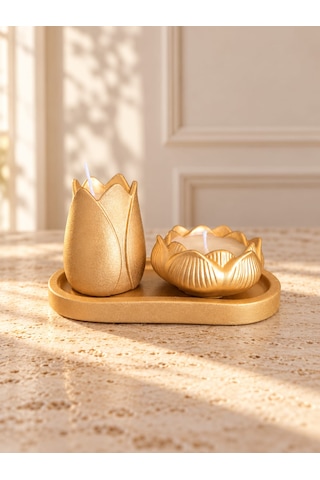 Altın Renk Lale Ve Lotus Çiçeği Mumluk Seti, 2 Li Dekoratif Polyester Mumluk Ve Oval Tepsi