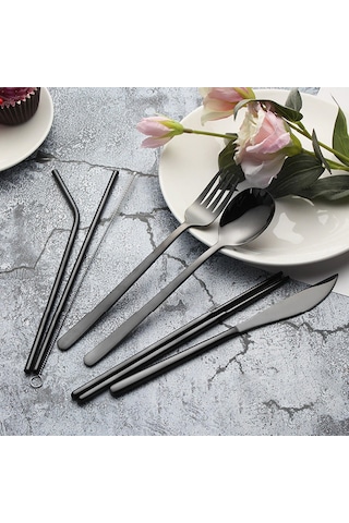Valkyrie 8 Parça Çantalı Yolculuk Çatal Bıçak Kaşık Pipet Chopstick Seti Kamp Okul Ofis Tatil Paslanmaz Çelik Siyah Siyah