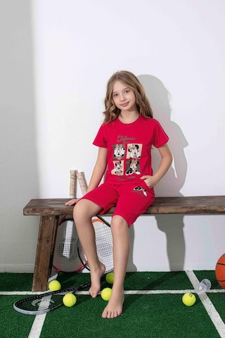 Kız Çocuk Mini Desenli Kırmızı Şortlu Pijama Takımı-1311 Kırmızı