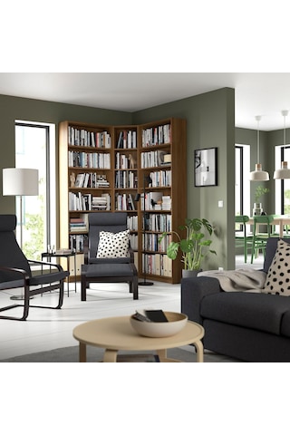 Köşe Kitaplık, Kahverengi Ceviz Görünüm, 136/136x28x237 Cm Abanoz