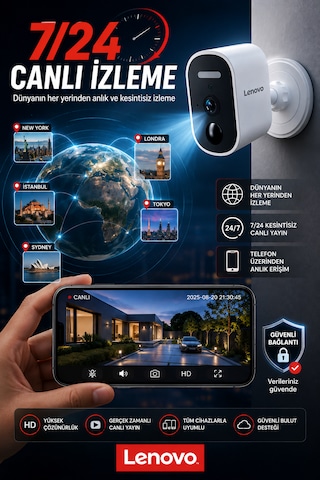 Lenovo 5mp Wifi Adaptörlü Uzaktan İzlenebilen Gece Görüşlü Hareket Algılamalı Güvenlik Kamerası