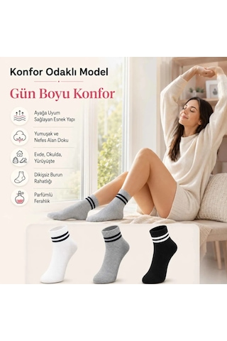 Womanandkids Wak Unisex Çizgili Kısa Konç 12 Li Bilek Çorabı, Pamuklu Parfümlü, Dikişsiz Burun, Siyah Beyaz G Çok Renkli 12'li