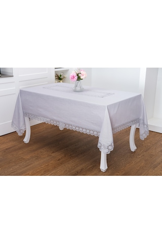 Finezza Jena Lüx Dantelli Simli Keten Kumaş Gri Masa Örtüsü  160x220 cm -1470