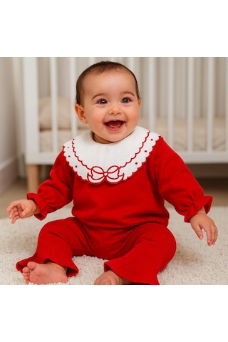 Fiyonk Nakış Yakalı Fitilli Tayt Mevsimlik 2 Parça Set Kırmızı