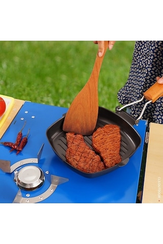 Prestigegoods Geniş Biftek Tenceresi L Gri Demir Ahşap Saplı Yüksek Yoğunluklu Demir Yapışmaz Altın