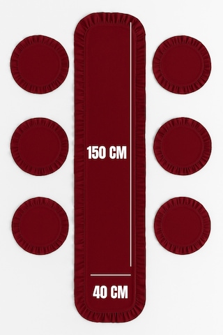 7 Parça Fırfırlı Sofra Sunum Seti 6 Adet Amerikan Servisi Supla + 1 Adet Fırfırlı Runner - 40x150 Cm Kırmızı