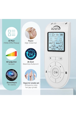 Acura Ac-933 Pro Şarj Edilebilir, Çift Kanallı 22 Programlı Profesyonel Tens Cihazı