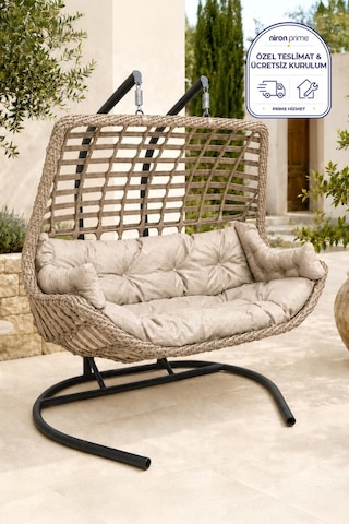 Niron Balina Çift Kişilik Rattan Bahçe Salıncağı Cappucino - Minderli Konfor Sütlü Kahverengi