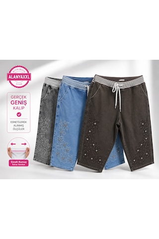 Zanessi Fashıon Büyük Beden Beli Lastikli Bağcıklı Çiçek İşlemeli Denim Kadın Kapri Kahverengi