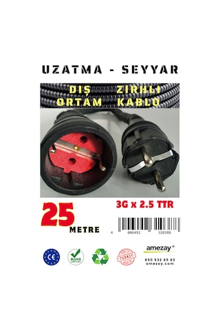 25 Metre Dış Ortam Spiral Zırhlı Uzatma Kablosu - G3x2.5 Kablo Kesiti 25 Metre