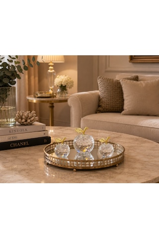Chacha Home 3'lü Kesme Kristal Cam Elma Obje Seti Taşlı Yaprak Detaylı Lüks Salon Masası Konsol Aksesuarı Gold