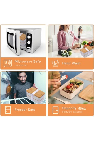 Hangfox Doğal Bambu Kapaklı Çift Katlı Microwave Uyumlu Çalışan/öğrenci Bento Kutusu - Sağlıklı Yemek Taşıma Kutusu Isı Saklama Çantası Dahil Beyaz