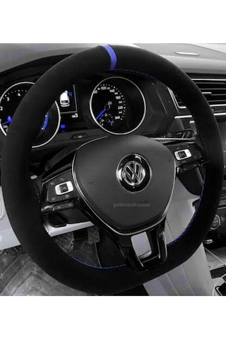 Vw Polo 2004+ Dikmeli Direksiyon Kılıfı Alkantara Mavi Yüzüklü