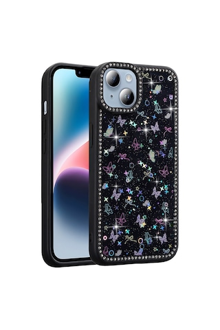 Apple Uyumlu iPhone 13 Kılıf Taşlı Ve Simli Tasarım Zore Azra Kapak Siyah