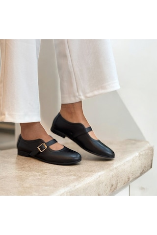 Ne&ve Shoes Siyah Deri Tokalı Kadın Babet