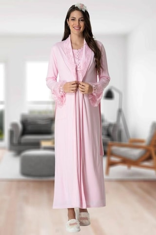 Mecit Pijama Mecit 5417 Bayan Hamile Lohusa Pembe Uzun Sabahlık Gecelik Takımı 001