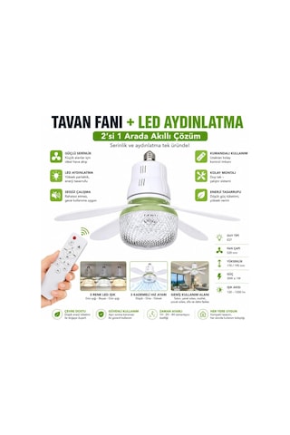 E27 Duylu Tavan Fanı Ve Led Aydınlatma, 520mm, 30w, 3 Kademeli Hız, Uzaktan Kumandalı, Sessiz Çalışma