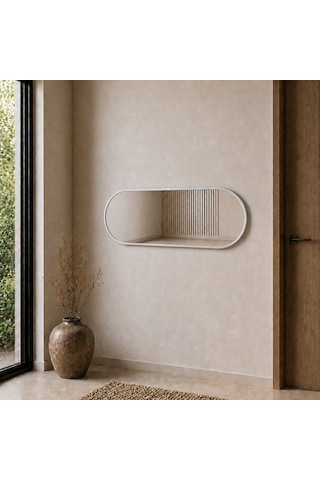 Modern Oval Boy Aynası 40x120 Cm Minimalist Çerçeveli Dekoratif Duvar Aynası 2026 Trend Gümüş