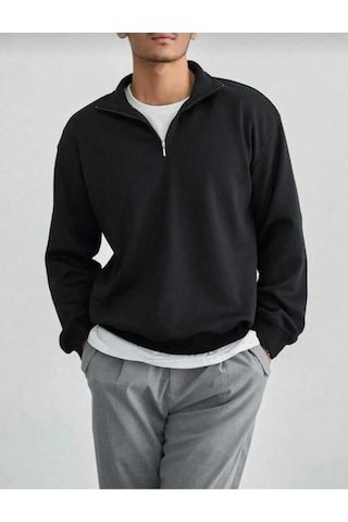 Oneoctobeer Unisex Yarım Fermuarlı Yakalı Siyah Sweatshırt Kazak SIYAH