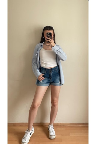 Pass&pass 2060 Kadın Lazerli Duble Paça Jeans Denim Kot Şort Mavi