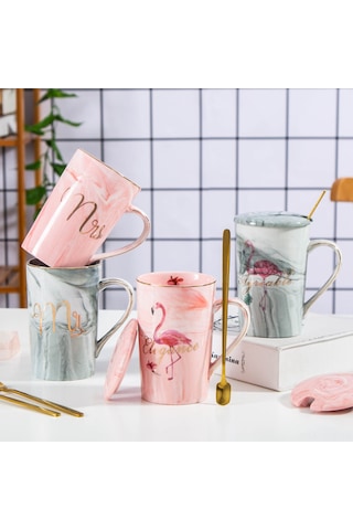 Tenfowee Ev Kullanıma Uygun Nikah/yıl Dönümü Hediyesi 2'li Seri: Siyah Ve Pembe Harf Desenli Seramik Bardak, Kapak Ve Kaşık İçeren Sürekli Kullanılabilir Set Gri