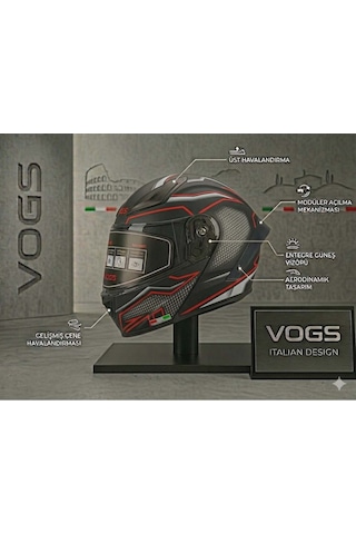 Ws-210 Güneş Vizörlü Çene Açılır Kask Siyah Kırmızı Cizgili Şeffaf Vizörlü İtaly Dizany