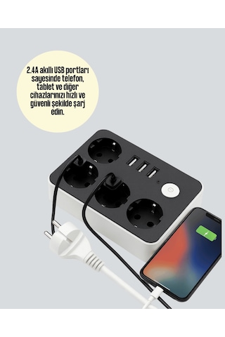 Akım Korumalı Priz, 4 Prizli 3 Usb Portlu Anahtarlı 0