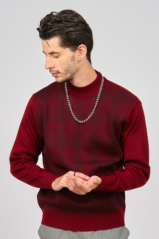 Pave Erkek Baklava Desenli Yünlü Kazak 4539200 Bordo Bordo