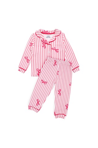 By Bebekodam Kız Bebek Beyaz Pembe Fiyonklu Çizgili Pijama Takımı