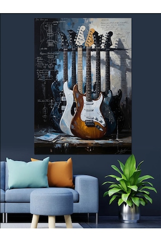 Ahşap Tablo Duvara Yaslanmış Dörtlü Gitar Seti
