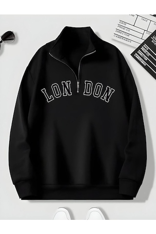 Harmandar Siyah Erkek London Baskılı Dik Yaka Yarım Fermuarlı Düz Kazak Sweatshirt Siyahlondondikyaka