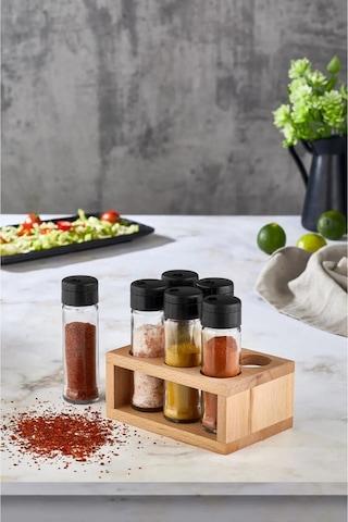 Ahşap Standlı 6'lı Cam Baharatlık Seti - Tuzluk Biberlik Baharatlık Şeffaf