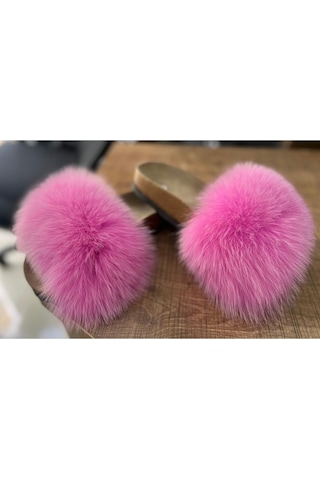 Green Norths Hakiki Deri Hakiki Kürk Kadın Terliği Pembe