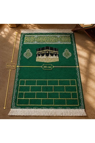 Bk Gift Kişiye Özel Nakış İşlemeli Kabe Motifli Saçaklı Yeşil Renk Hediyelik Seccade